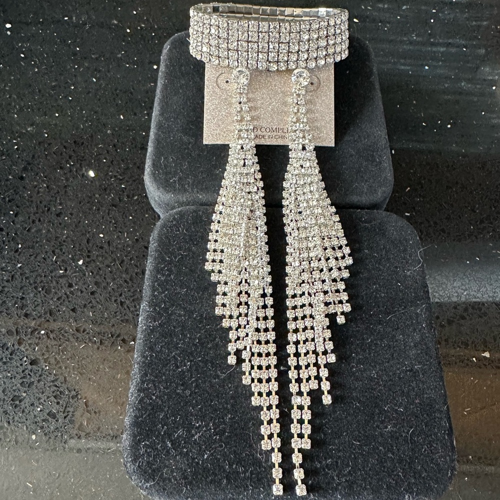 Long Rhinestone Tassel Earrings & Bracelet Sparkly Wedding Bridal Pageant Prom